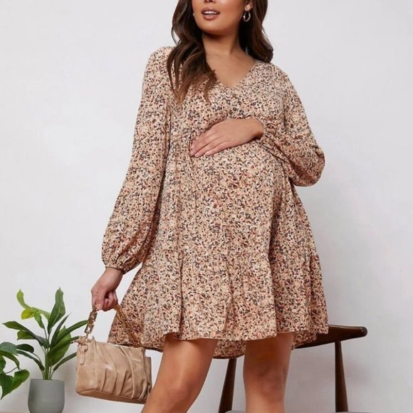 . Dresses & Skirts - Maternity Mini Floral Print long sleeved v-neckline Flounce Hem Dress